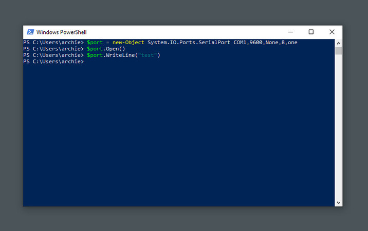 PowerShell usado para configurar, abrir e escrever em uma porta COM